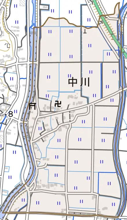 大字中川とその周辺の地図。町の範囲を重ねている