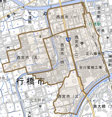 西宮市とその周辺の地図。町の範囲を重ねている