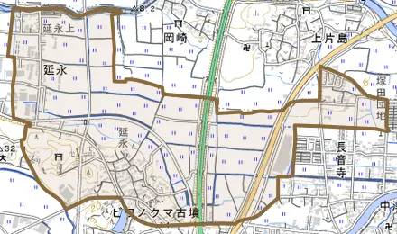 大字延永とその周辺の地図。町の範囲を重ねている