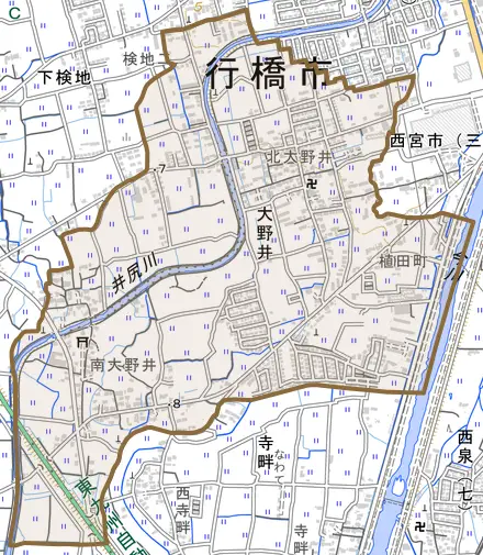 大字大野井とその周辺の地図。町の範囲を重ねている
