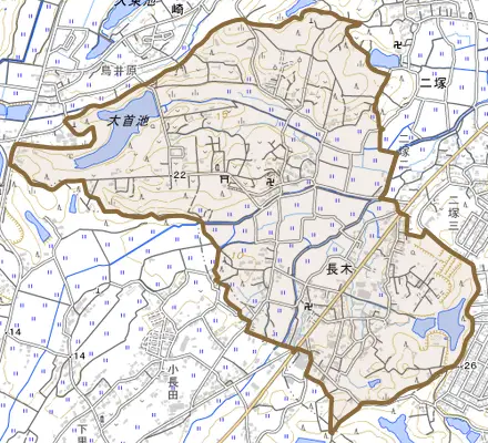 大字長木とその周辺の地図。町の範囲を重ねている