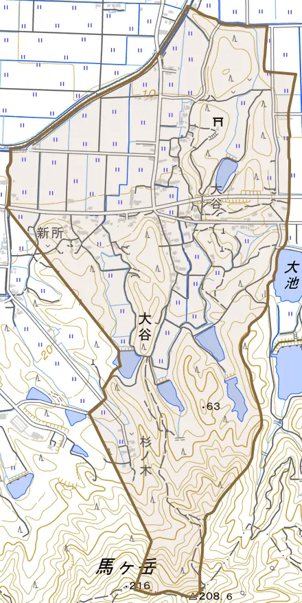 大字大谷とその周辺の地図。町の範囲を重ねている