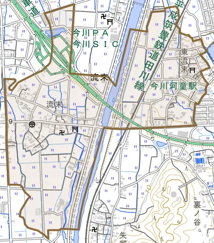 大字流末とその周辺の地図。町の範囲を重ねている