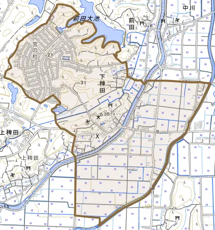 大字下稗田とその周辺の地図。町の範囲を重ねている