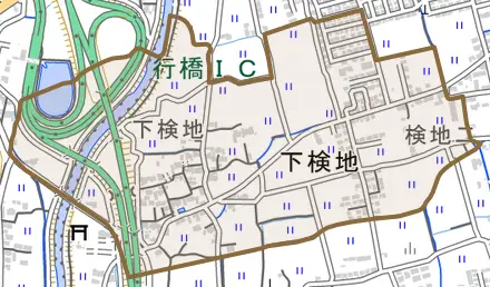大字下検地とその周辺の地図。町の範囲を重ねている