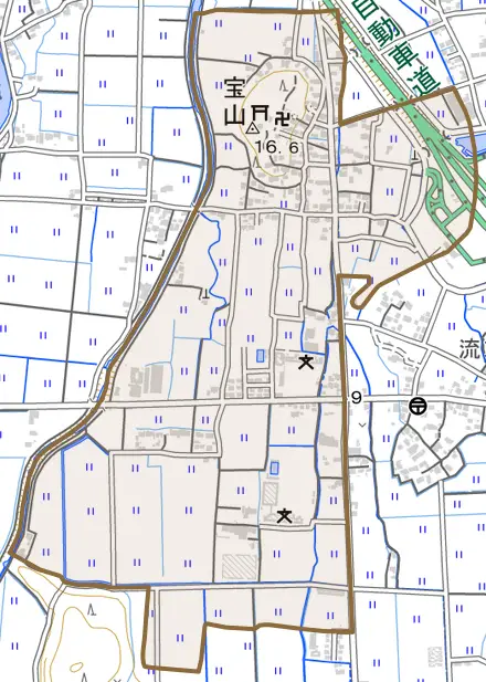 大字宝山とその周辺の地図。町の範囲を重ねている