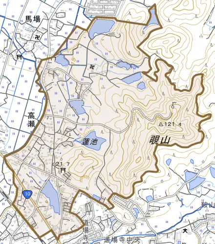 大字高瀬とその周辺の地図。町の範囲を重ねている
