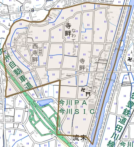 大字寺畔とその周辺の地図。町の範囲を重ねている