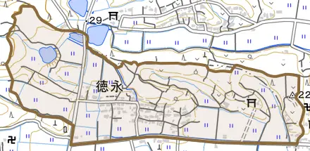 大字徳永とその周辺の地図。町の範囲を重ねている