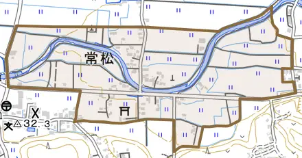 大字常松とその周辺の地図。町の範囲を重ねている