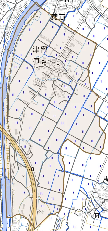 大字津留とその周辺の地図。町の範囲を重ねている
