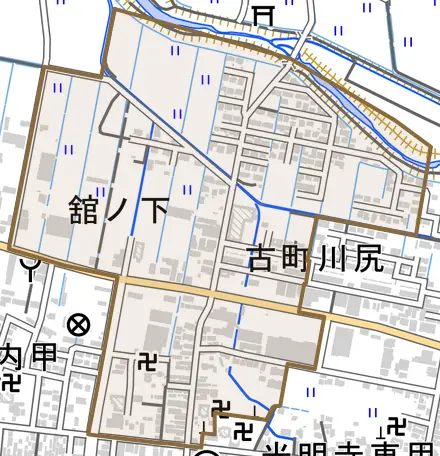 字古町川尻とその周辺の地図。町の範囲を重ねている