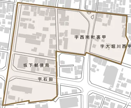 字石田とその周辺の地図。町の範囲を重ねている