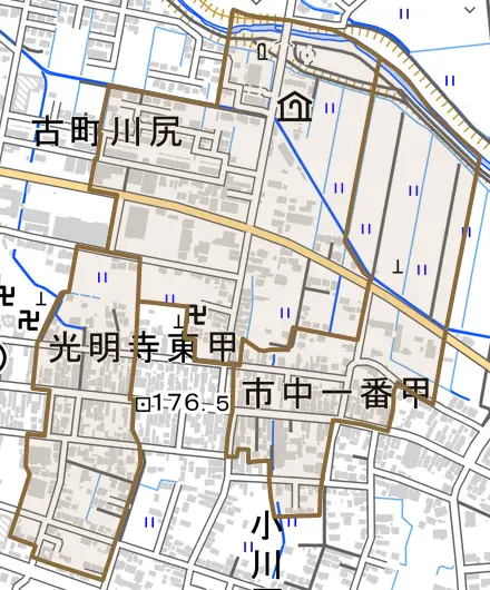 字光明寺東甲とその周辺の地図。町の範囲を重ねている