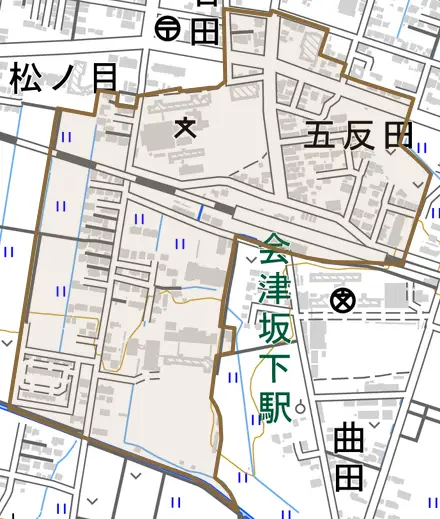 字松ノ目とその周辺の地図。町の範囲を重ねている