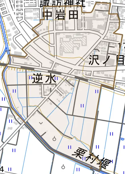 字逆水とその周辺の地図。町の範囲を重ねている