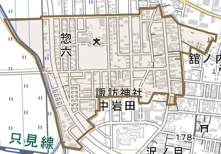 字上柳田とその周辺の地図。町の範囲を重ねている