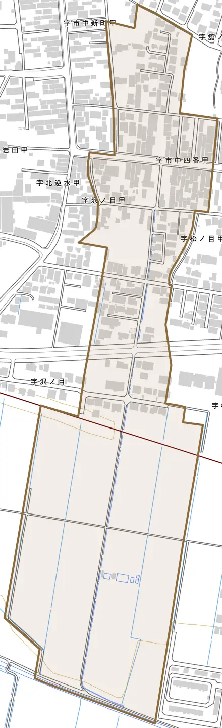 字舘ノ内甲とその周辺の地図。町の範囲を重ねている