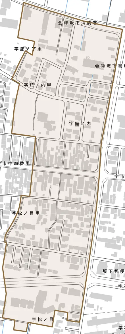 字舘ノ下とその周辺の地図。町の範囲を重ねている