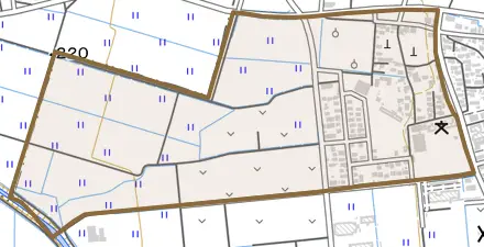 字荒井前とその周辺の地図。町の範囲を重ねている