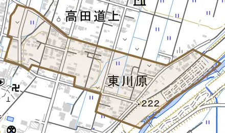 字東川原とその周辺の地図。町の範囲を重ねている