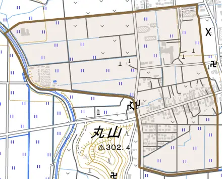 字本郷とその周辺の地図。町の範囲を重ねている