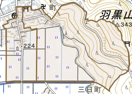 字本郷上とその周辺の地図。町の範囲を重ねている