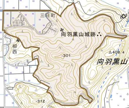 字本郷高田町とその周辺の地図。町の範囲を重ねている