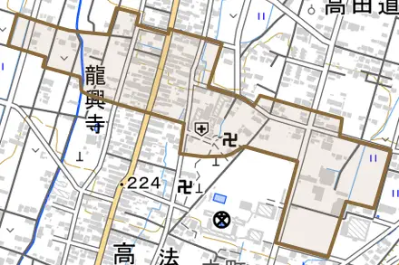 字鹿島とその周辺の地図。町の範囲を重ねている