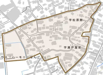 字松原際とその周辺の地図。町の範囲を重ねている