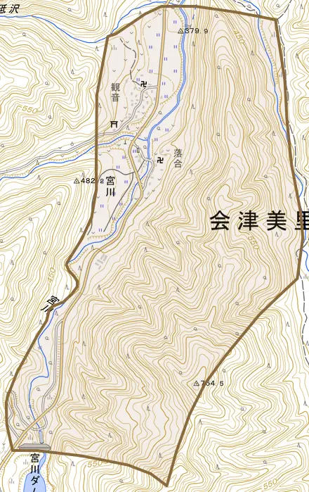 宮川とその周辺の地図。町の範囲を重ねている