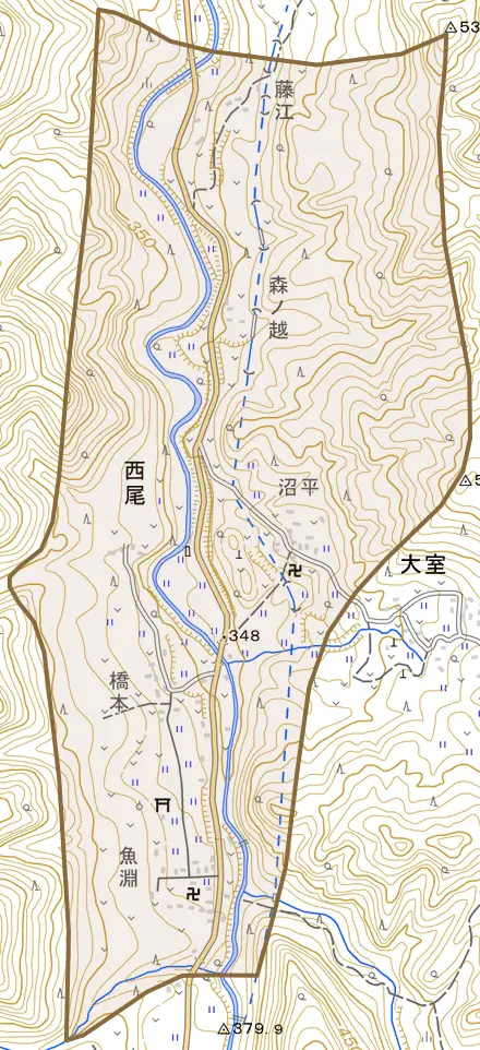 西尾とその周辺の地図。町の範囲を重ねている