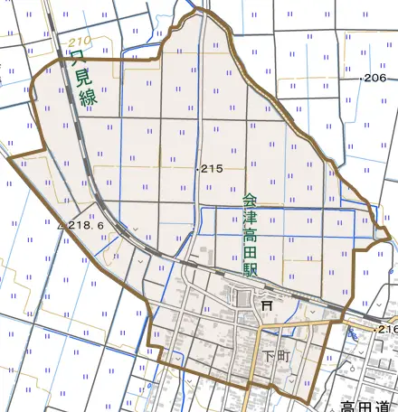 字西裏とその周辺の地図。町の範囲を重ねている