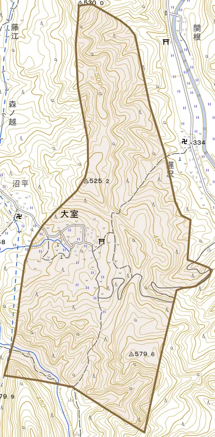 大室とその周辺の地図。町の範囲を重ねている