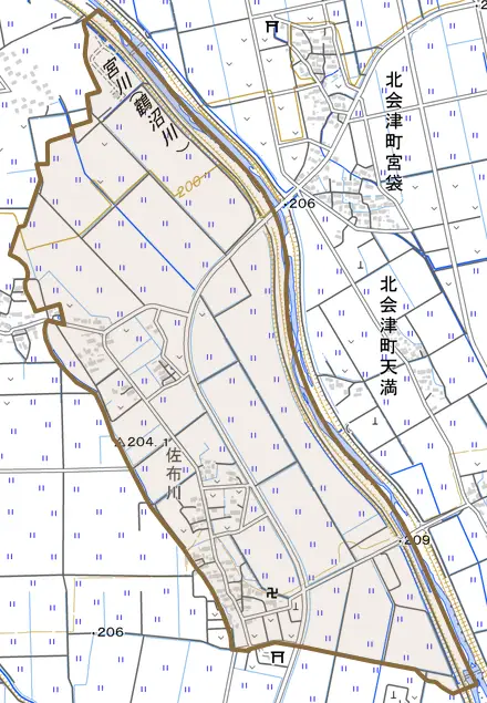 字佐布川とその周辺の地図。町の範囲を重ねている