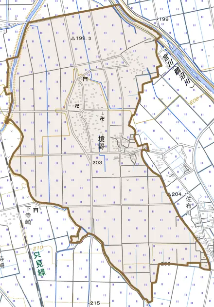 境野とその周辺の地図。町の範囲を重ねている