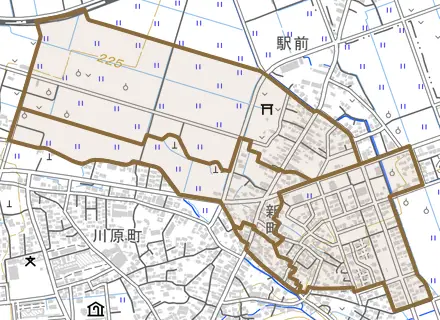 字新町とその周辺の地図。町の範囲を重ねている