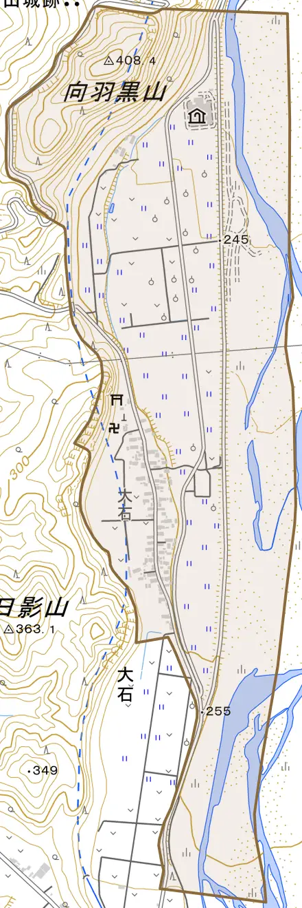 大石字家北とその周辺の地図。町の範囲を重ねている