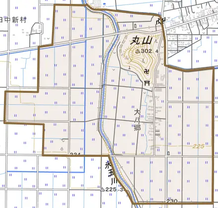 字大八郷乙とその周辺の地図。町の範囲を重ねている