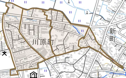 字川原町甲とその周辺の地図。町の範囲を重ねている