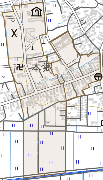 字本郷甲とその周辺の地図。町の範囲を重ねている