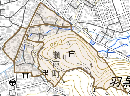 字瀬戸町甲とその周辺の地図。町の範囲を重ねている