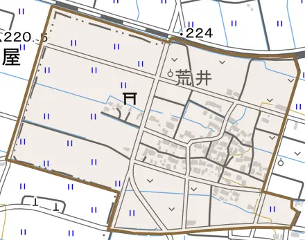 字荒井甲とその周辺の地図。町の範囲を重ねている