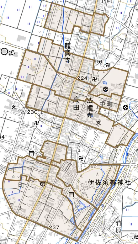 字高田甲とその周辺の地図。町の範囲を重ねている