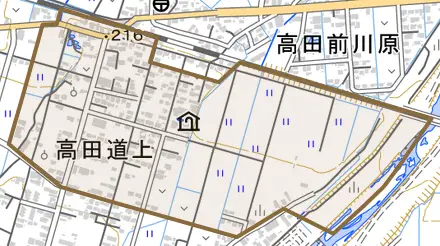 字高田道上とその周辺の地図。町の範囲を重ねている
