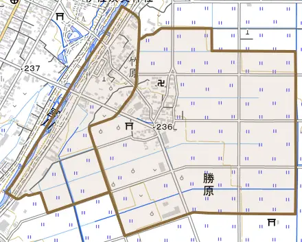 字竹原とその周辺の地図。町の範囲を重ねている