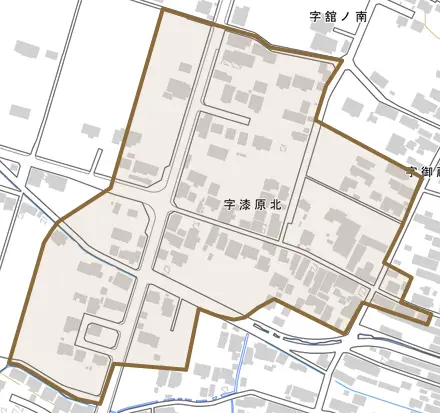 字漆原北とその周辺の地図。町の範囲を重ねている