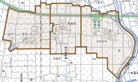 和田目とその周辺の地図。町の範囲を重ねている