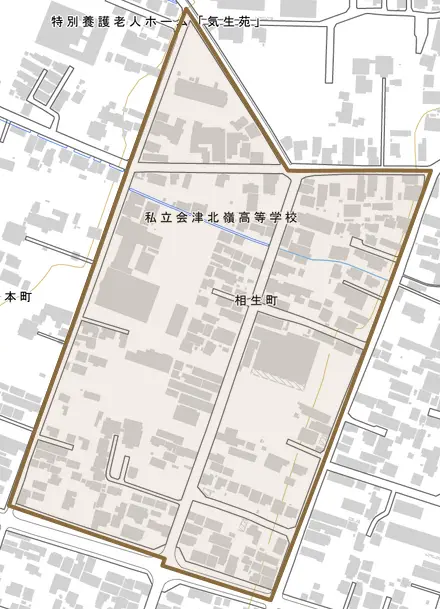 相生町とその周辺の地図。町の範囲を重ねている