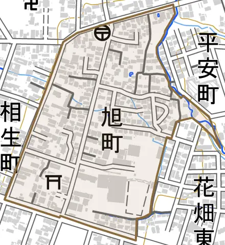 旭町とその周辺の地図。町の範囲を重ねている